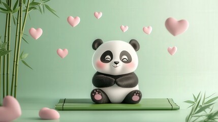 A cute panda sitting with floating hearts and bamboo in the background