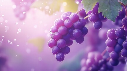 A closeup of ripe purple grapes covered in water droplets on the vine