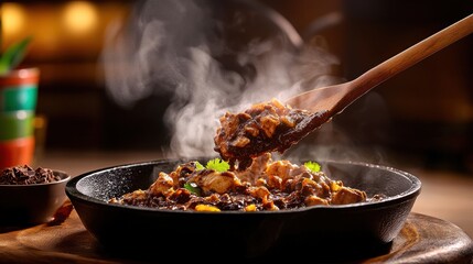 Authentic chicken mole in sizzling cast iron skillet with wooden spoon presenting rich chocolate-based sauce and tender chicken, upscale Mexican restaurant cuisine