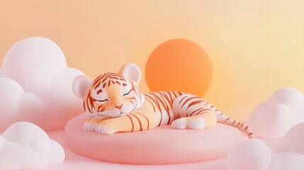 A cute tiger toy sleeping on a pink cushion with clouds in background