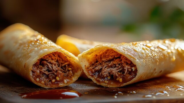 Beef flautas with shredded meat filling on dark slate surface with sauce drizzle, authentic Mexican restaurant cuisine
