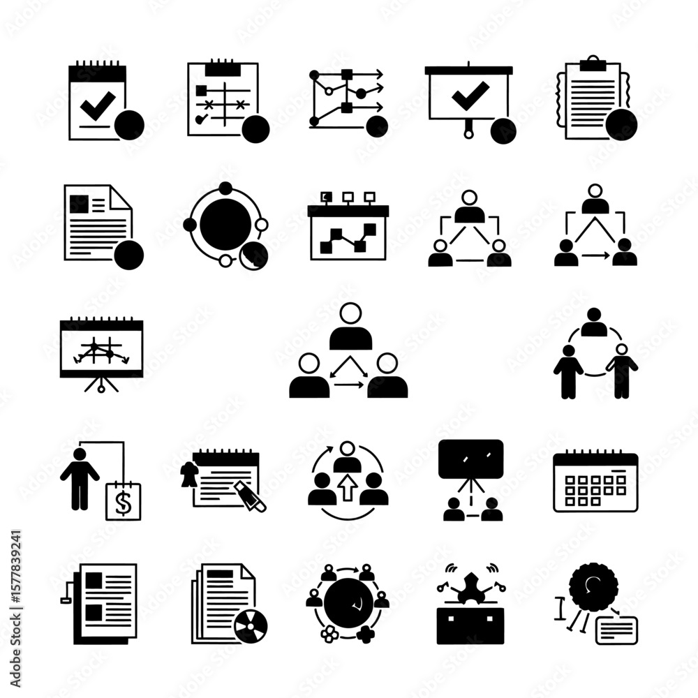 Poster various business and management icons arranged in a grid pattern