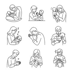 Illustrations showing parents interacting with their babies line art