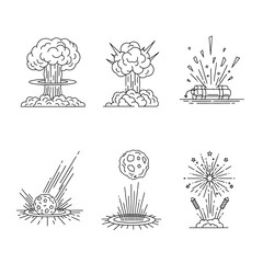 Naklejka premium Six line art illustrations depicting explosions and impact events