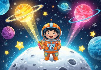 A Spaceman's Winter Holiday Adventure - A joyful astronaut child on the moon, surrounded by glowing planets, holds gifts. Symbolizing wonder, joy, exploration, holidays, and dreams