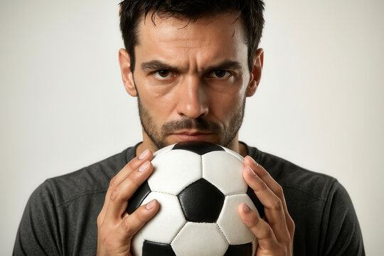 Serious man holding soccer ball with focused expression indoors  