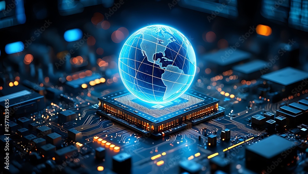 Poster global network on integrated circuit board, global technology and communication system concept with 
