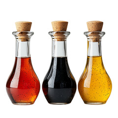 Three glass bottles filled with colorful liquids, each sealed with a cork stopper. isolated on white background and transparent background