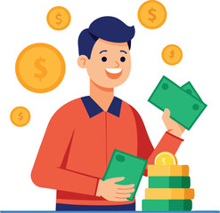 Businessman holding money, illustration of a man with money and coins, man with money