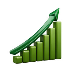 Green bar chart with upward trend arrow isolated on transparent background