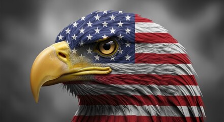 American Bald Eagle Patriotism - A majestic bald eagle, its feathers adorned with the American flag, symbolizes national pride, freedom, strength, and liberty.