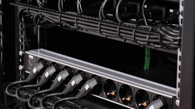 Telecommunications rack of network equipment with an uninterruptible power supply and multimedia equipment. View of the connection of the units. 