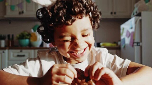 Little cute boy wearing bunny ears eating chocolate easter bunny while sitting at table at home