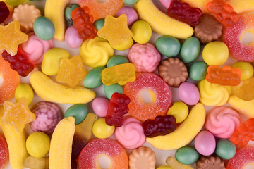 Multicolored assortment of sweets confectionery, jelly candies
