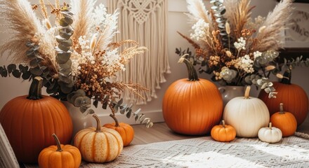 Autumnal Pumpkin and Pampas Decor - Five pumpkins of varying sizes and colors sit amongst dried floral arrangements, symbolizing harvest, autumn, abundance, warmth, and home