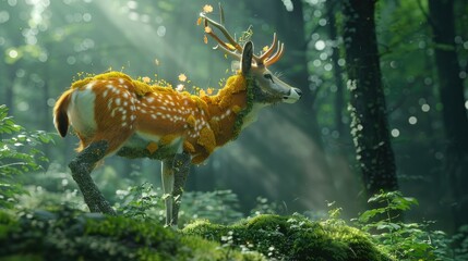 Fantasy Fawn with Antlers and Feathered Wings in a Sunlit Forest