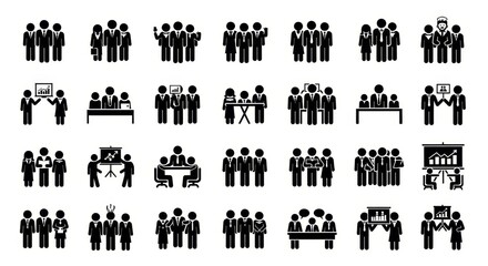 Obraz premium Business Conference Icons: Teamwork and Collaboration - Illustrates team meetings, presentations, brainstorming, partnerships, and networking at a business conference.
