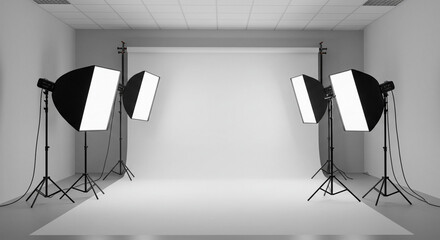 A modern office with white walls, a long conference table, and empty chairs arranged for a business meeting