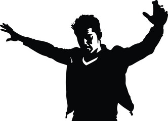 Silhouette of a man with arms raised in a confident pose, isolated on a white background