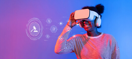 A young woman engages with a virtual reality headset, exploring the realm of compliance laws and regulations, highlighting the intersection of technology and quality assurance. XDMCP