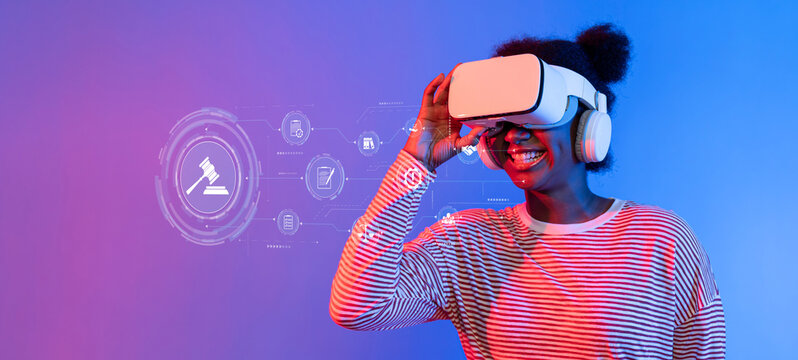 A young woman engages with a virtual reality headset, exploring the realm of compliance laws and regulations, highlighting the intersection of technology and quality assurance. XDMCP