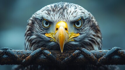 Close-up of eagle's head, intense stare, wet feathers