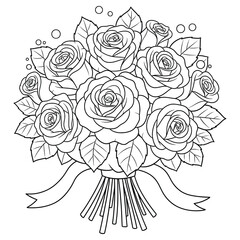 Elegant line art bouquet of blooming roses tied with ribbon – black and white floral illustration for coloring pages and decorative use