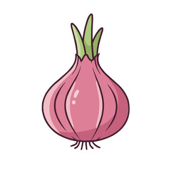 Vibrant illustration of a fresh red onion with lush green shoots, showcasing the beauty of nature's bounty in a whimsical style