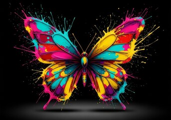 Colorful Splash Butterfly - Vibrant butterfly wings formed by colorful paint splashes against a black background