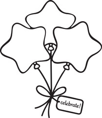 Three star-shaped balloons tied and a text celebrate lineart vector illustration.