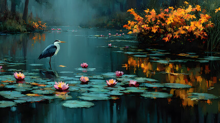 Heron stands in pond amongst lily pads, lotus flowers bloom, surrounded by autumn foliage