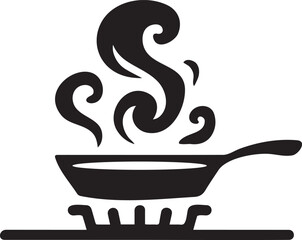 A frying pan on a stovetop with swirling steam vector illustration.