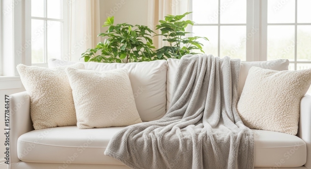 Poster cozy living room with soft throw blanket - a white sofa with plush cream pillows and a soft gray thr