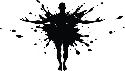 A silhouette of a man with arms outstretched, emerging from a black ink splash