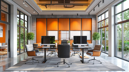 Open-concept office with dual-monitor setup, ergonomic chair, and ceiling-mounted acoustic panels.