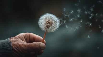 Hand holding a dandelion seedhead