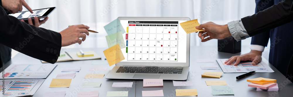 Poster analyst team use sticky note for creative and analytic brainstorm for business idea with bi data das