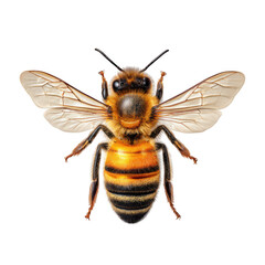 Detailed close up of a fuzzy honey bee with outstretched wings isolated on transparent background
