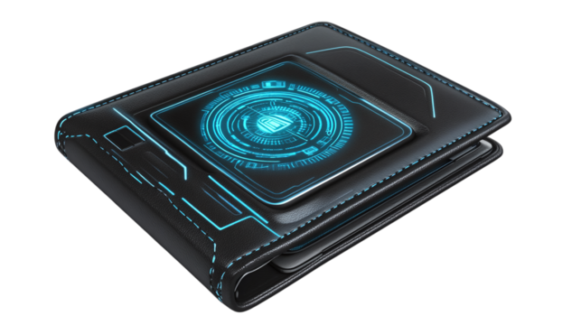 • A high-tech smart wallet with biometric security features, isolated on white background in HD 
