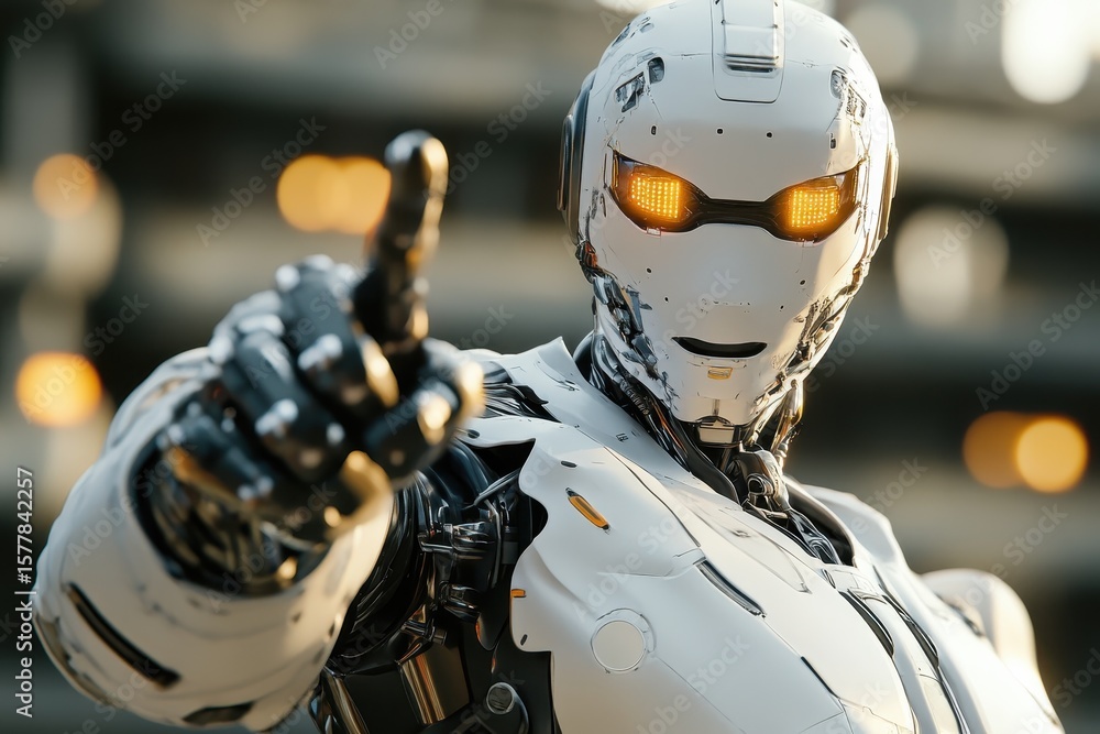 Poster robot warns about potential consequences with a pointed finger in a futuristic setting, the robot po