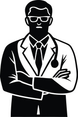 A confident doctor wearing glasses and a stethoscope stands with arms crossed, isolated