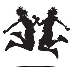 Silhouette icon of two people jumping in air with hands raised joyful celebration of friendship