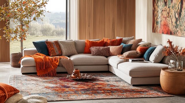 Layered textiles comfort living room with oversized cushions and plush area rug