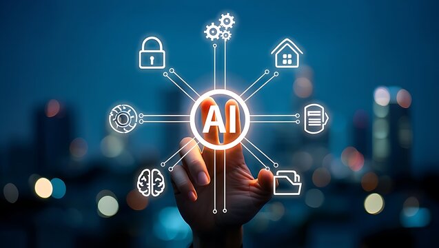 AI interface with hand touching the screen, Artificial intelligence and modern technologies concept, innovative digital transform