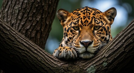 A jaguar resting on a tree branch with its paws visible and a blurry background creating a serene scene