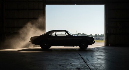 Classic car silhouette in hangar