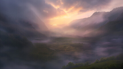 Obraz premium A landscape view of mountains and valley covered in fog with a bright sky at the horizon line .