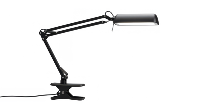 Adjustable black desk lamp with articulated arm on white background  