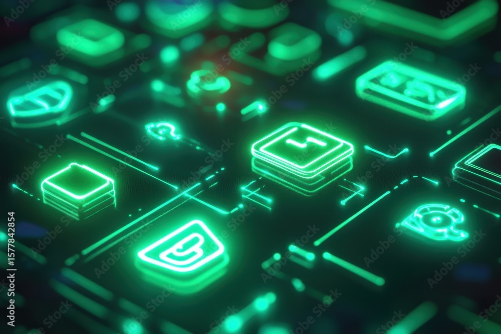 Fototapete neon gaming icons animated over dynamic green shapes create a captivating visual effect, neon gaming