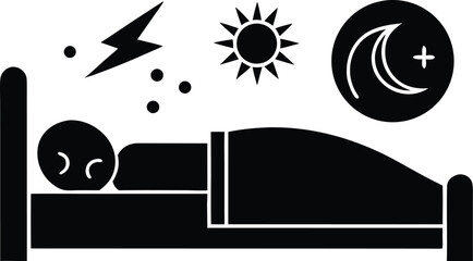 Obraz premium Person sleeping in bed with symbols of day, night, and disruption